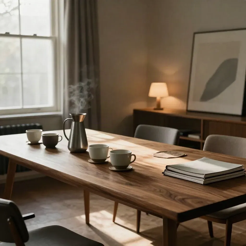 Empty offsite room with glowing display, coffee service, notebooks, and a quiet side room.