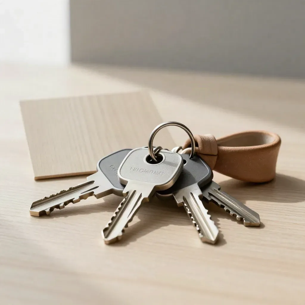Access tokens, room keys, and wood swatch card on pale wood in soft side light