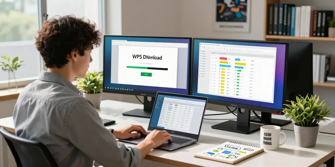 WPS Download in a modern office workspace with dual monitors displaying software installation.