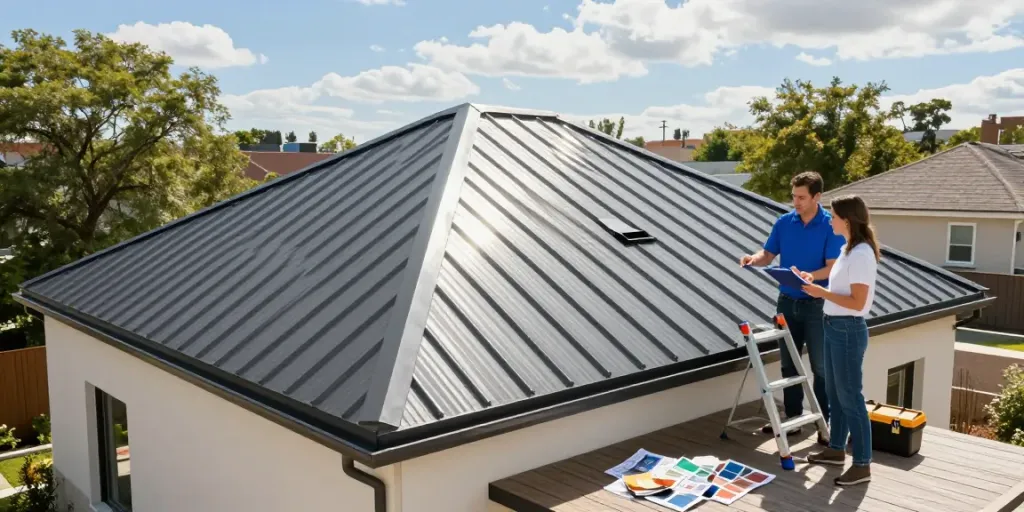 Standing Seam Systems showcased on a contemporary home with a contractor discussing options.
