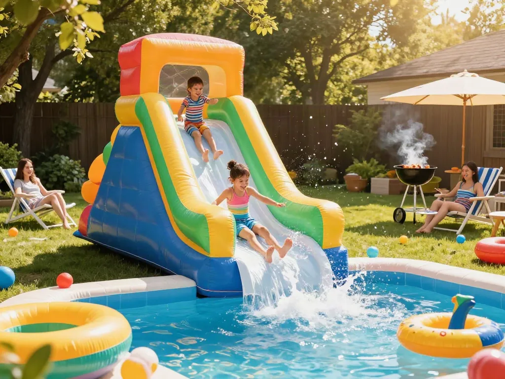 Children enjoying a water slide inflatable with splashes and pool toys in a vibrant summer backyard.